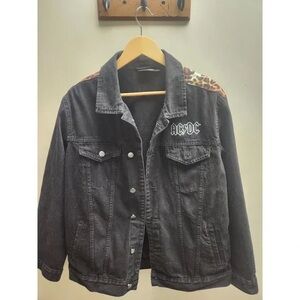 Black Denim Jacket with AC/DC Logo and Leopard Accents